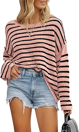 BTFBM Women's Striped Knit Sweaters 2025 Spring Fall Boat Neck Off Shoulder Long Sleeve Oversized Casual Pullover Tops