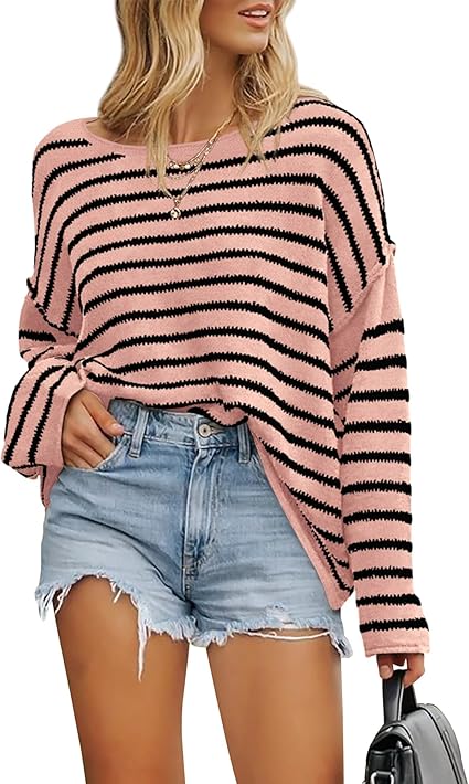 BTFBM Women's Striped Knit Sweaters 2025 Spring Fall Boat Neck Off Shoulder Long Sleeve Oversized Casual Pullover Tops