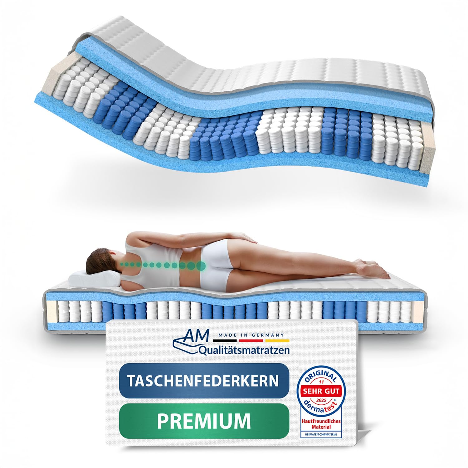 AM Qualitätsmatratzen Taschenfederkernmatratze 90x180cm H1, 7-Zonen, Lyocell Bezug, Made in Germany