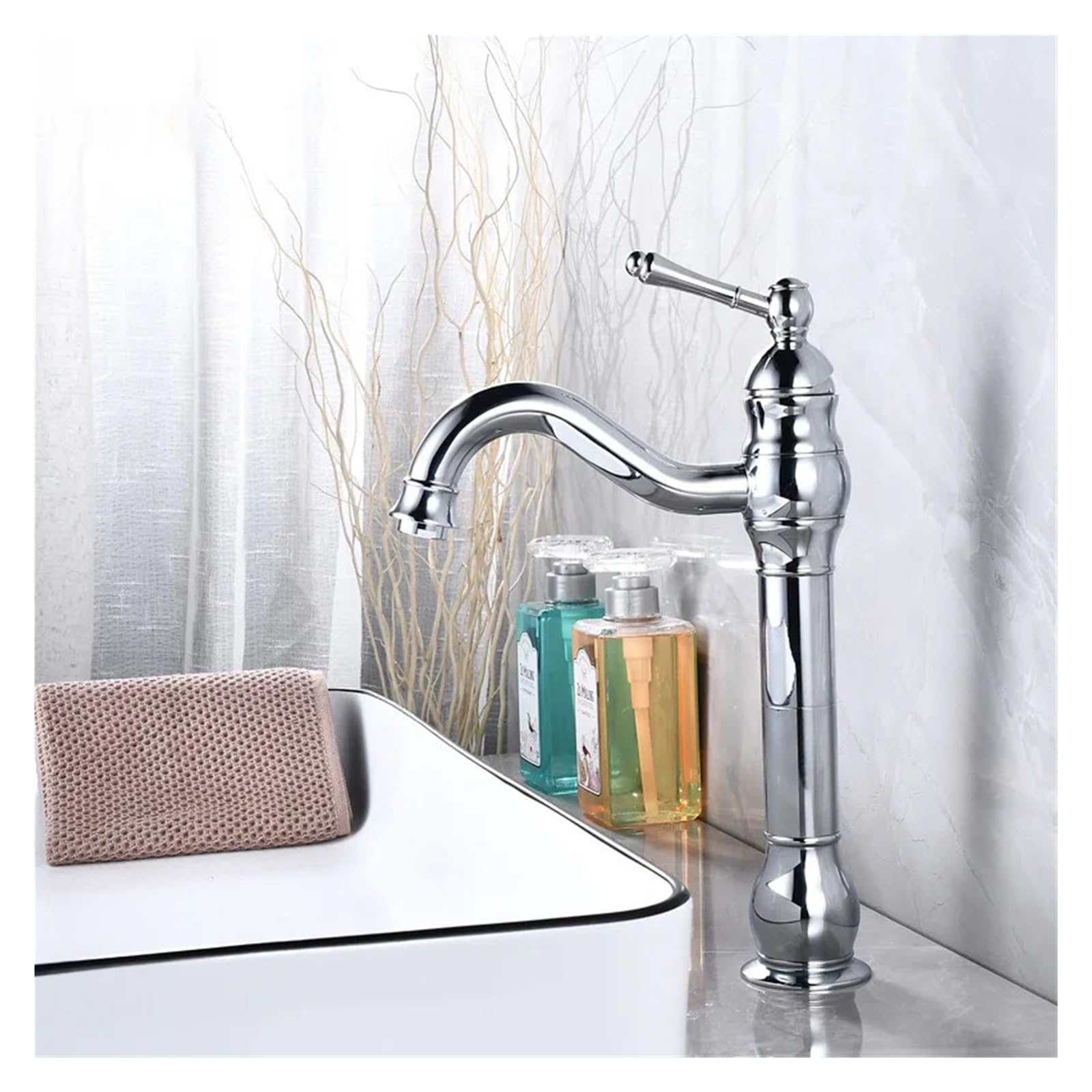 Mitigeur lavabo haut chrome contre les éclaboussures à bec mobile