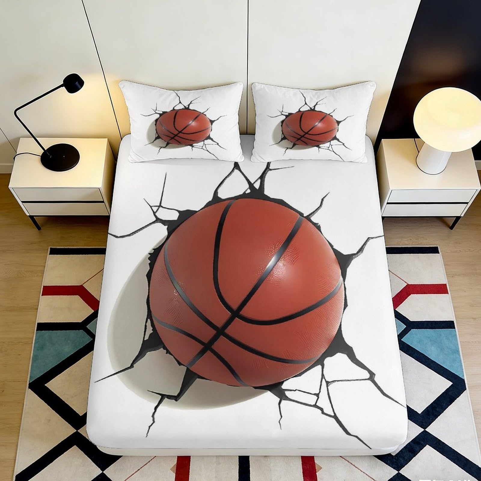 3D Printed Basketball Design Fitted Sheet Microfiber Deep Pocket Non-Slip Bedroom Bedding Basketball Mattress Fitted Cover for Adults Teens 160x200x25cm