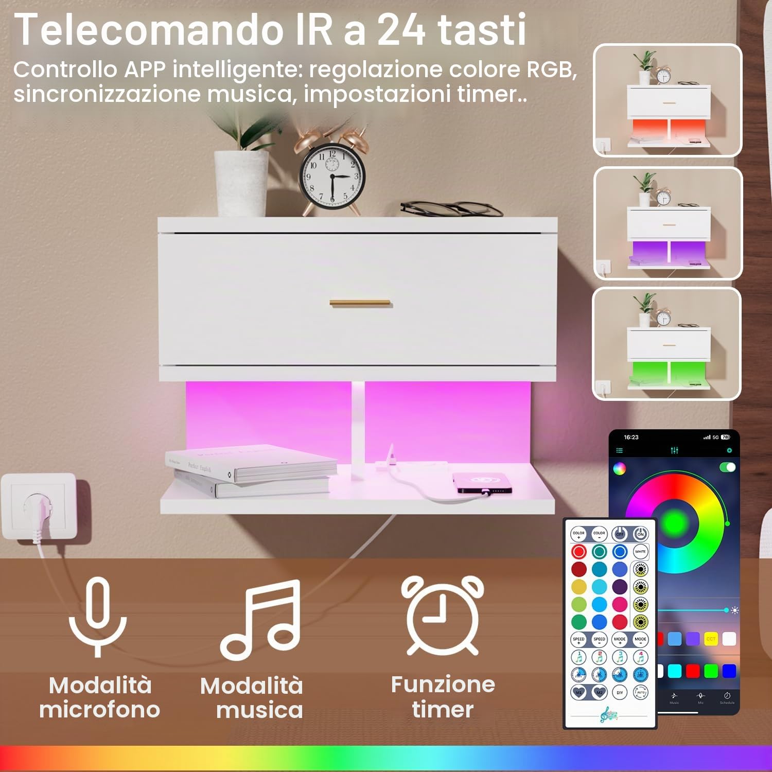 Comodino Sospeso con Illuminazione LED RGB E 1 Presa AC/2 Porte USB,Comodini Sospesi Camera da Letto con 1 Cassetto E 2 Ripiani Aperti, 40 X 30 X 30 cm,Adatto Per Camera Da Letto E Soggiorno(Bianco)