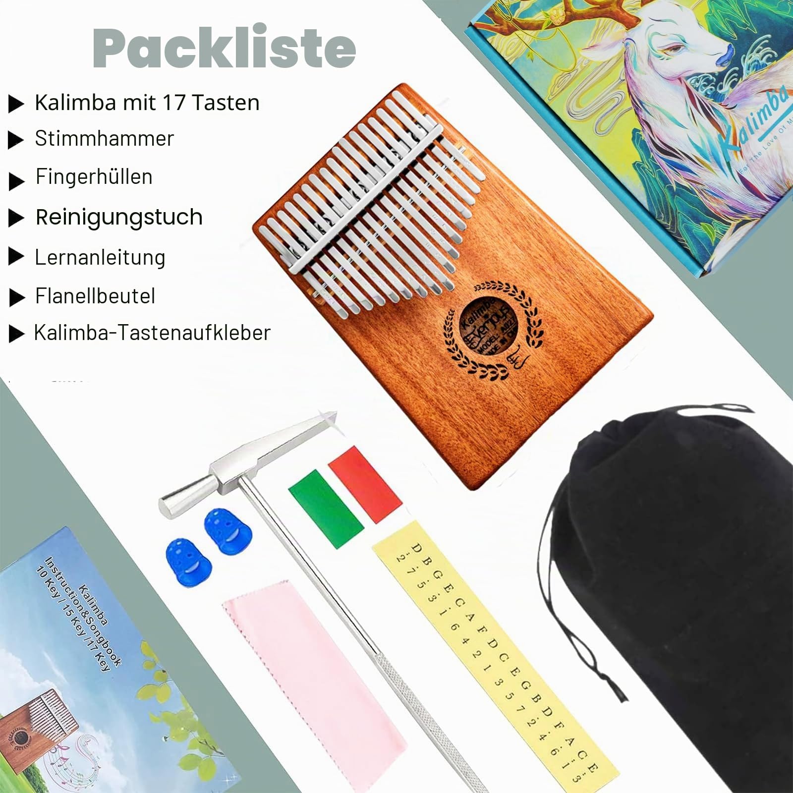 Kalimba Daumen Klavier 17 Schlüssel, Tragbare Fingerklavier -Marimbas Mit Tragensack, Schnelles Songbook, Tuning Hammer, alles in Einem Kit