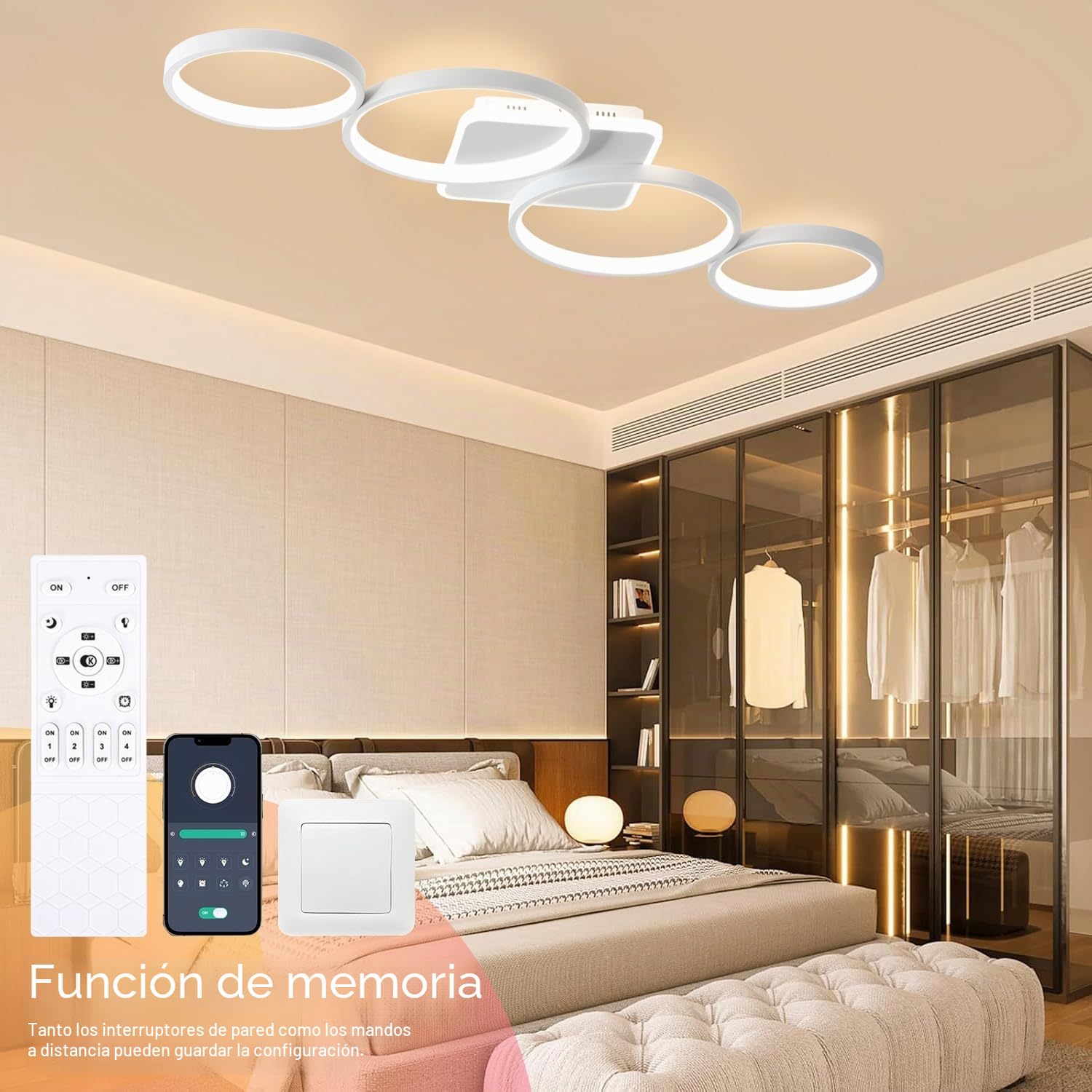 94cm Lámpara de Techo LED Regulable Lampara Techo 54W Blanco | Lámpara de Dormitorio con Mando a Distancia APP, Iluminación de Techo Moderna con Redonda de 4 Anillos para Salón
