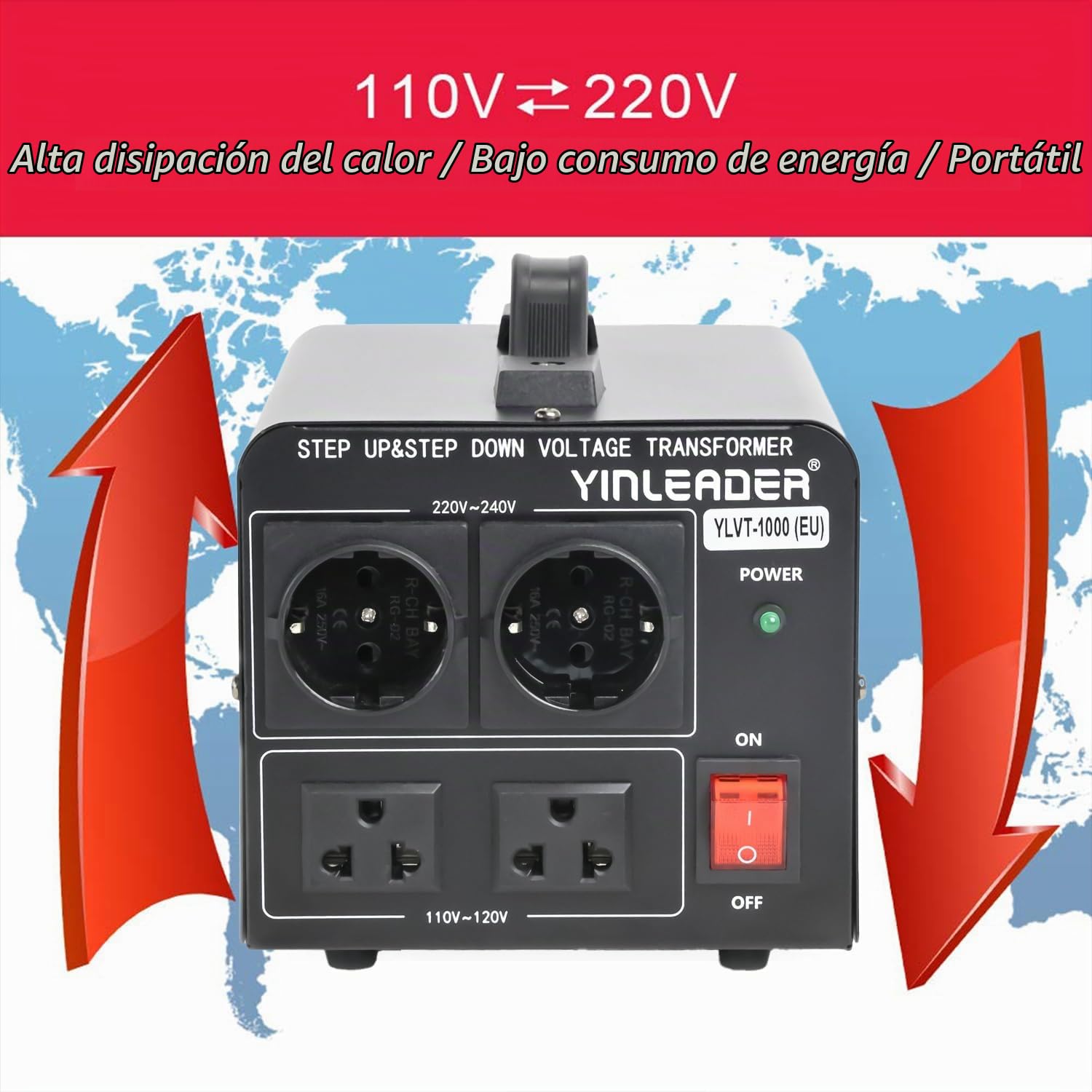 Yinleader 1000W - Transformador Elevador/Reductor de Voltaje de 1000 Vatios EE.UU. - Convertidor de Energía de 220 Voltios - 220V / 110V 1000W Estabilizador de voltaje automático