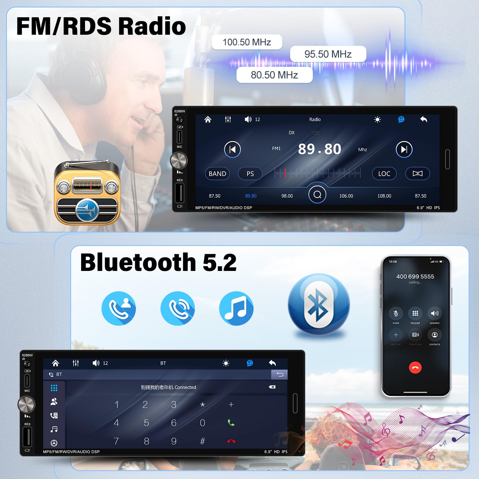 Autoradio bluetooth 1 Din Carplay avec 7 pouce Écran Tactile Main Libres Poste Radio Voiture FM USB AUX SD Caméra de Vision Arrière - Auto