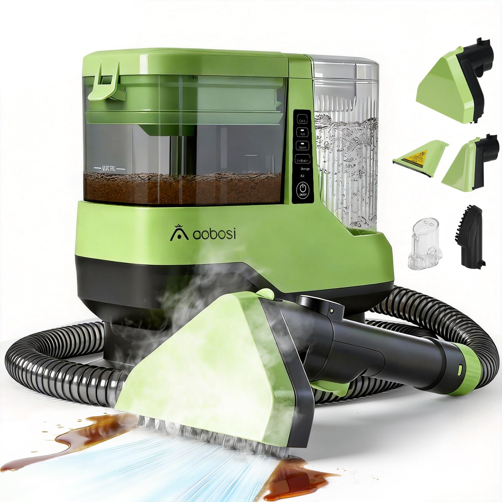 AAOBOSI Dampfreiniger und Polsterreiniger, 1800W, Sprachansage, Sofa/Auto | 17 kPa Waschsauger mit 100 °C Dampf, Selbstreinigung, 4 Modi & 4 Zubehörteilen für Teppiche, Polster & Haustierflecken