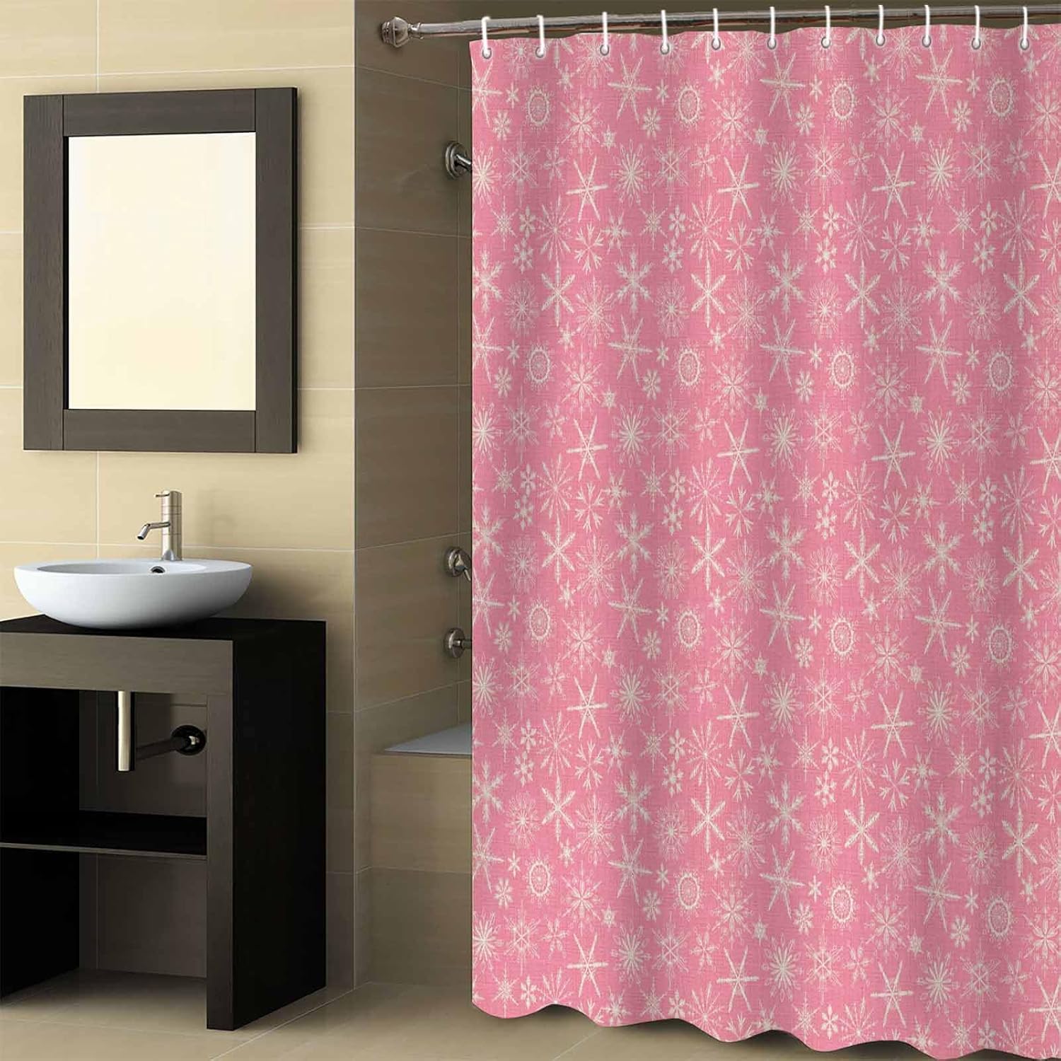 Fantasy SnowflakeShower Curtain Set with Hook 72" x 96",Washable Cloth Polyester Fabric Shower+Curtain,Waterproof Bath Curtains for Bathroom,Showers,Bathtubs Decor Christmas Vintage Farmhouse Pink