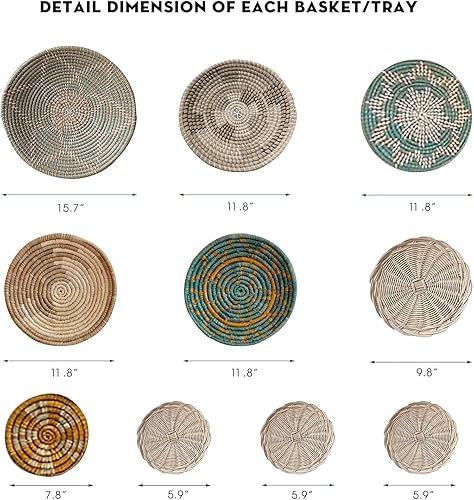 Vista 11 de Set of 10 Handcrafted Boho Wall Basket Decor, Wall Hanging Baskets, Decorative Plates for Wall, Handmade from Vietnam Unique Wicker Wall Art Decor