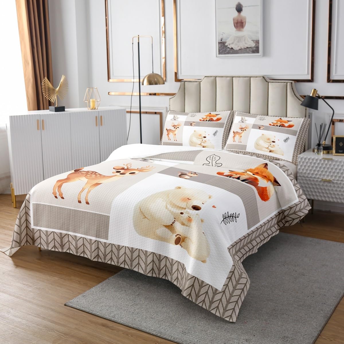 Cute Bear Deer Bedspread Twin Size,Cartoon Animals Down Comforter 2Pcs,Camping and Adventure Bedding Set for Kids Girls Boys Teens Room Decor,Rustic Beige Striped Quilt Coverlet,1 Pillowcase