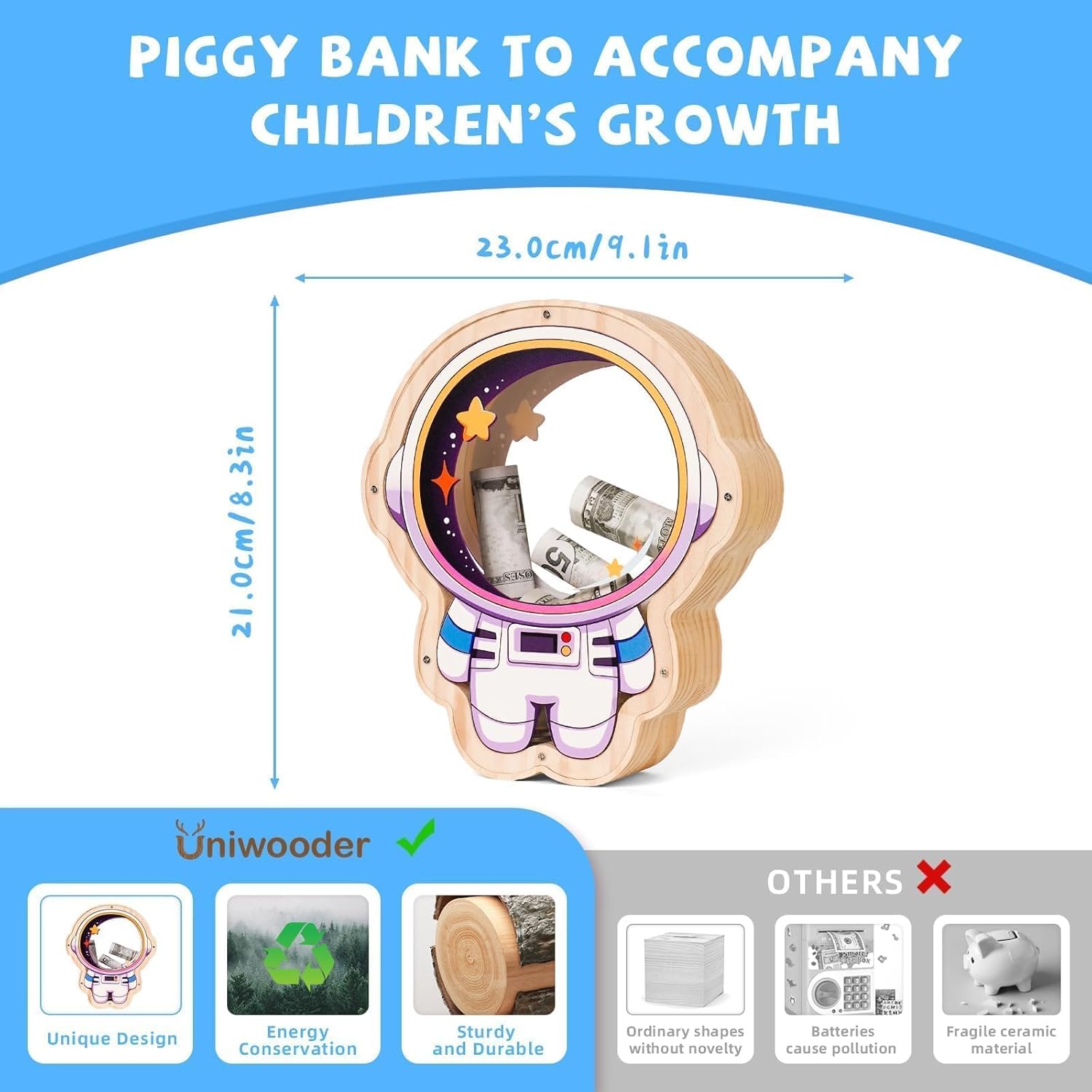 Wooden Astronaut Piggy Bank for Kids, Unbreakable Space Kids Coin Bank with Sticker, Wooden Cashbox Toddler Money Bank, Educational Toys for Boys, Girls, Birthday Gifts for Boys, Room Decor,