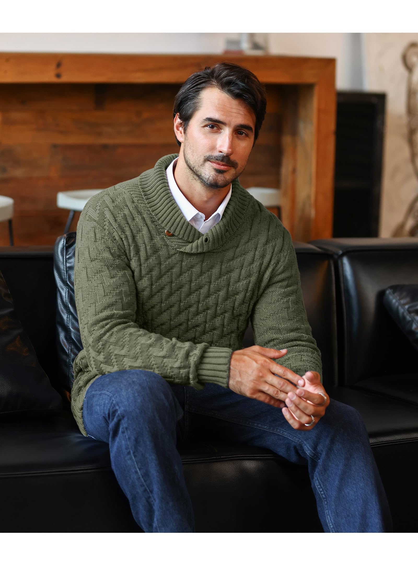 Zaitun Jersey de punto para hombre, cuello alto, con botones, cálido, manga larga, suéter de invierno