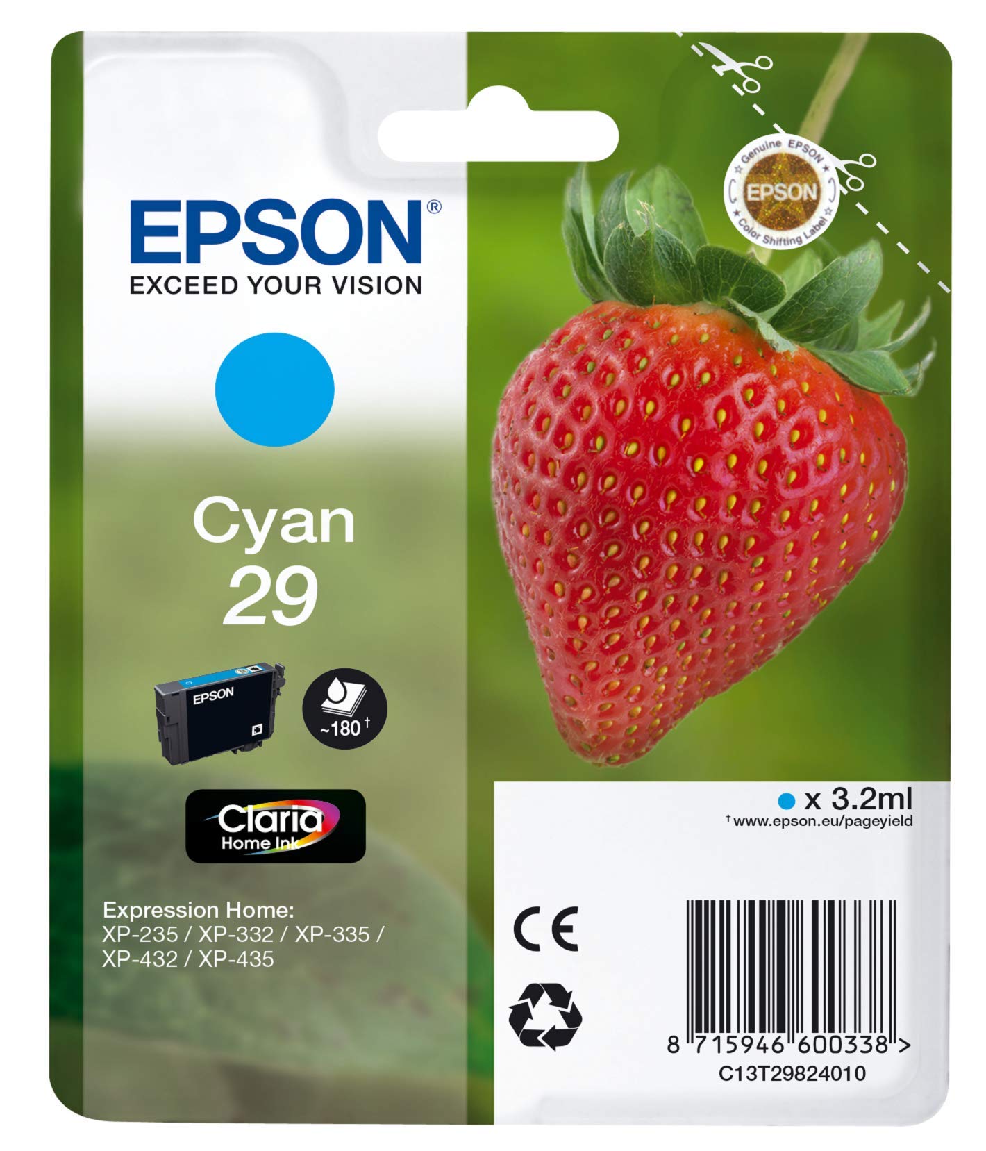 Epson 29 Serie Fragola, Cartuccia Originale Getto D'Inchiostro Claria Home, Formato Xl & 29 Serie Fragola, Cartuccia Originale Getto D'Inchiostro Claria Home, Ciano