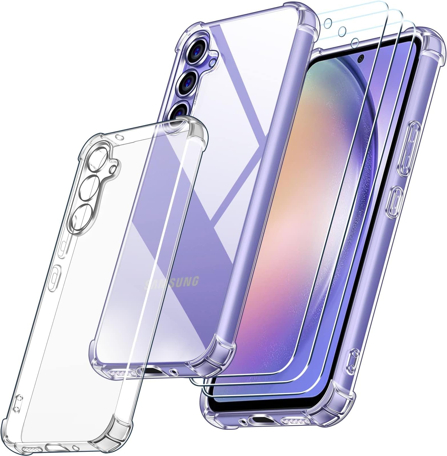 ivoler 3 in 1 Clear Case for Samsung Galaxy A54 5G with 2 Pieces Tempered Glass,[Never-Yellow] [Military Protection] [Camera Protection] Transparent Anti-Shock Protective Cover-clear