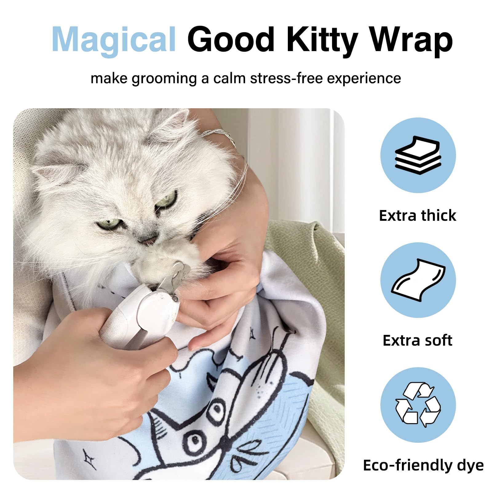 Cat Grooming Wrap: Premium Cat Wrap for Cutting Nails 2025 Thicker Upgraded, Self-Adherent Texture Hand Pocket Designed for Anti-Bite/Scratch, Eco-Friendly Dyed Funny Instruction & Pattern (Size L)