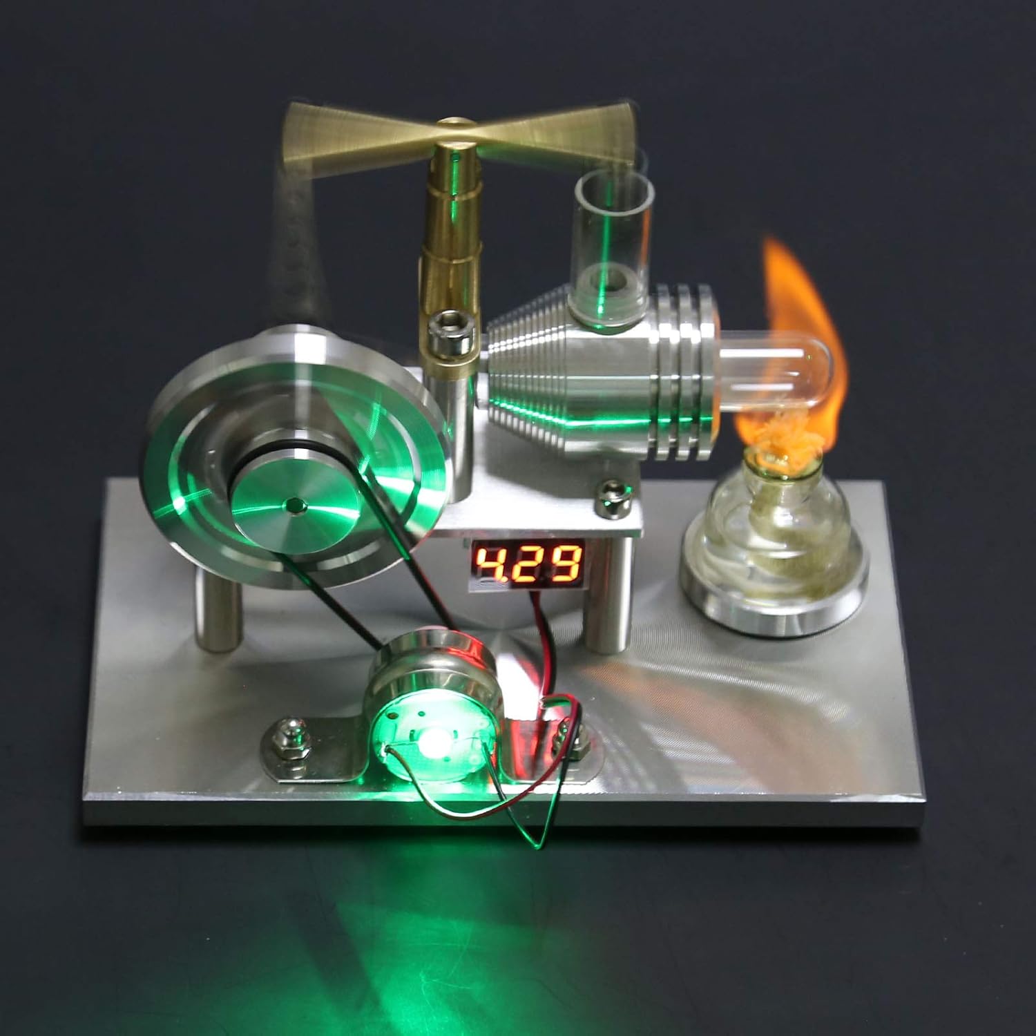 ENJOMOR Balance Beam Style Hot Air Stirling Engine Model with Voltage Digital Display Meter and LED Bulb, LED Power Generator for Physics Science STEM Educational Tools, Desktop Decoration