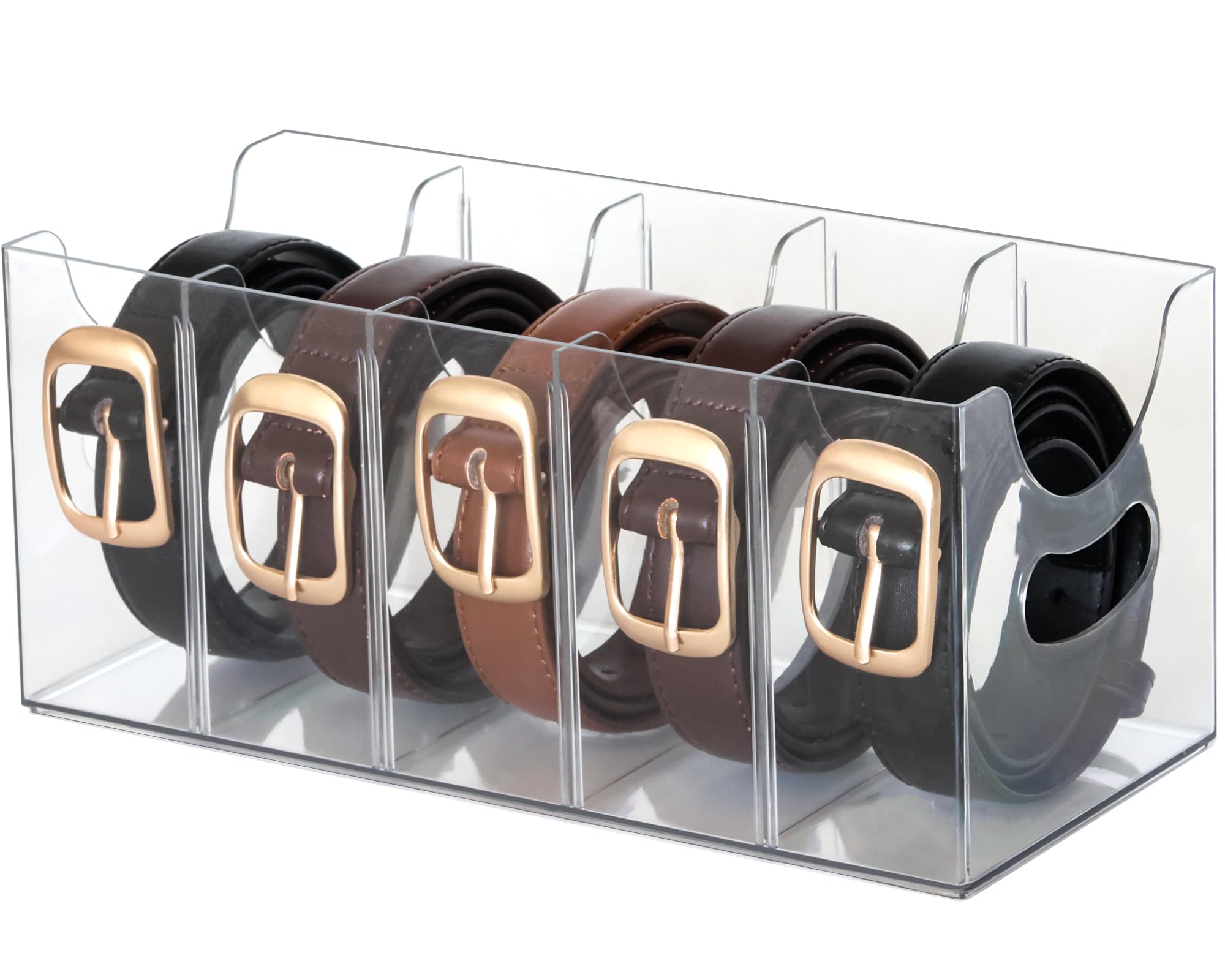 Belt Organizer - Clear Stackable Belt holder for Closet and Drawer Storage - 5 Compartments with Removable Dividers, Multi-Purpose Display Bins With Inserts For Ties, Socks, underwear (1)