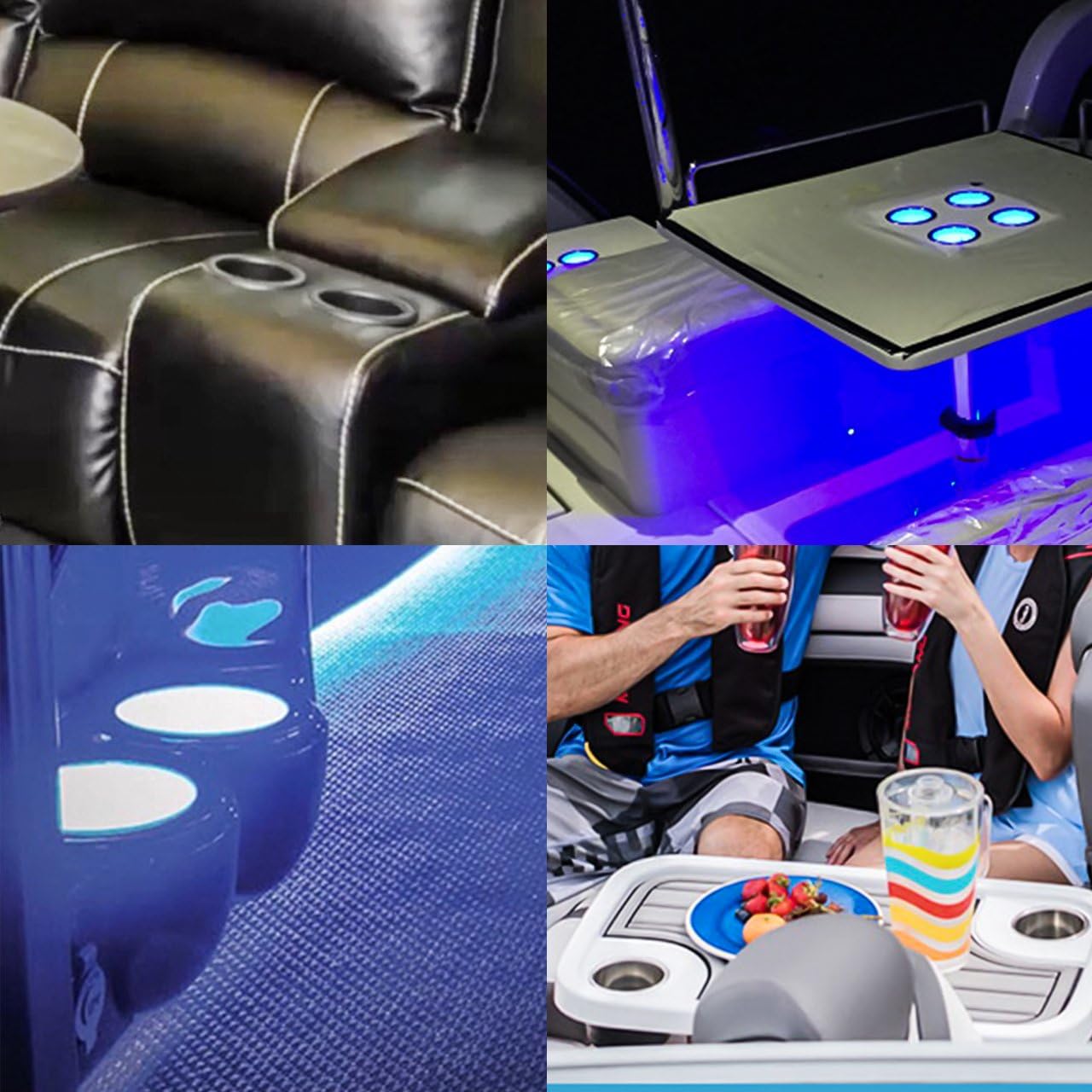 Stainless Steel Cup Holder Insert with 3 Pcs Blue LEDs - 2 Pieces Beverage Boat Bottle Drop in Cup Holders for Auto Vehicle, Luminous Movable Drink Base with Drain for Car Trunk Marine