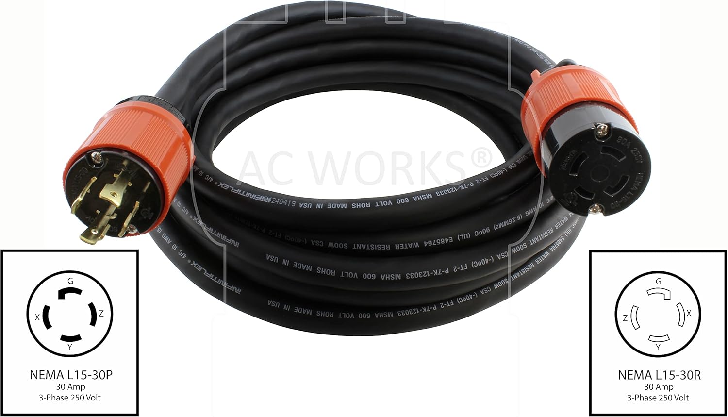 AC WORKS [L1530PR-050] 50FT SOOW 10/4 NEMA L15-30 30A 3-Phase 250V Industrial Rubber Extension Cord (50FT)