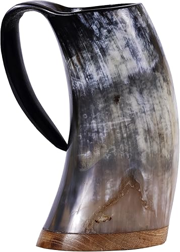 Taza original de cuerno vikingo con saco de arpillera, base de madera de 20 onzas, extra grande, inspirada en la Edad Media, hecha a mano, pulida,