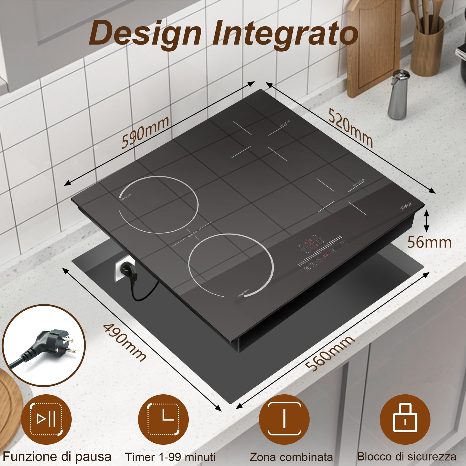 Hobsir Piano Cottura a Induzione con Spina, Piano Cottura Induzione 4 Fuochi, 3500W, Piano Cottura da Incasso Con Zona Flex, Blocco per Bambini, Comando Touch a Scorrimento