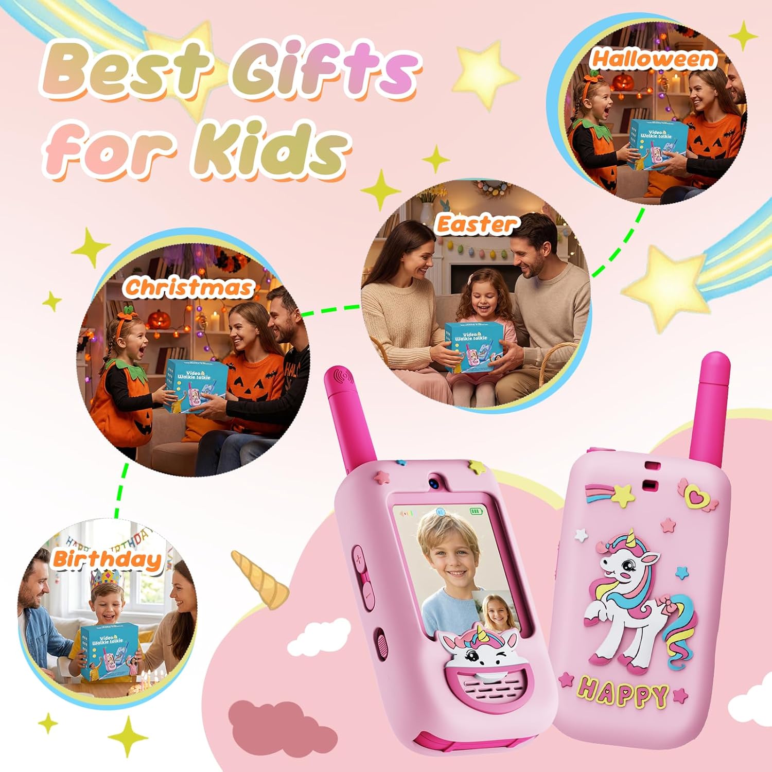 Kids Video Walkie Talkies, 2 Pack with Screen, Two Way Radio with 4 Voice Effects, Rechargeable Long Range Toys for Boys Girls Age 3-12, Camping Hiking Birthday Gift