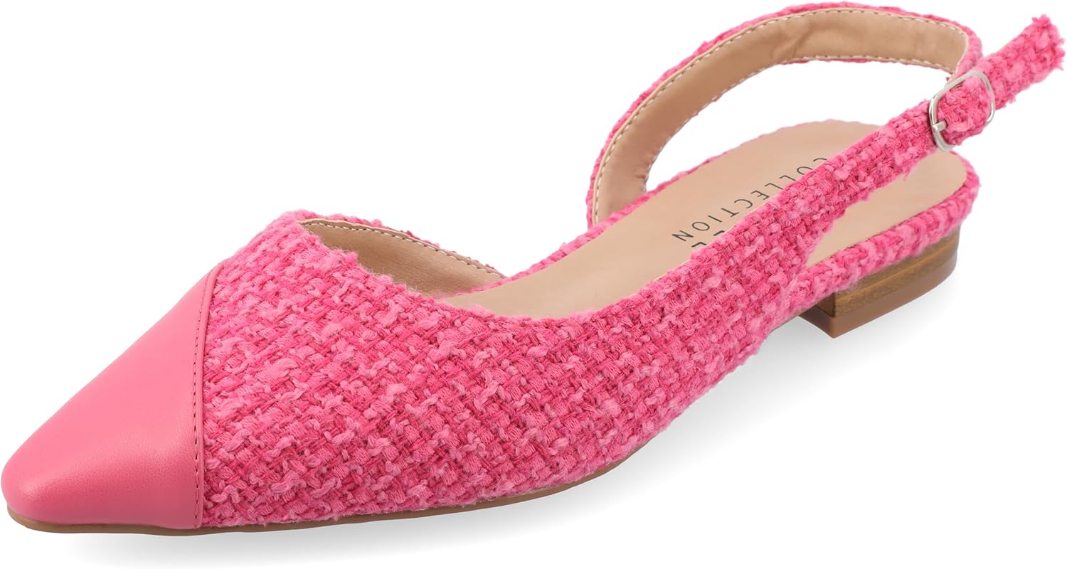 Journee Womens Buckle Slingback Tweed Stacked Block Heel Closed Pointed Toe Comfort Foam Daphnne Flat