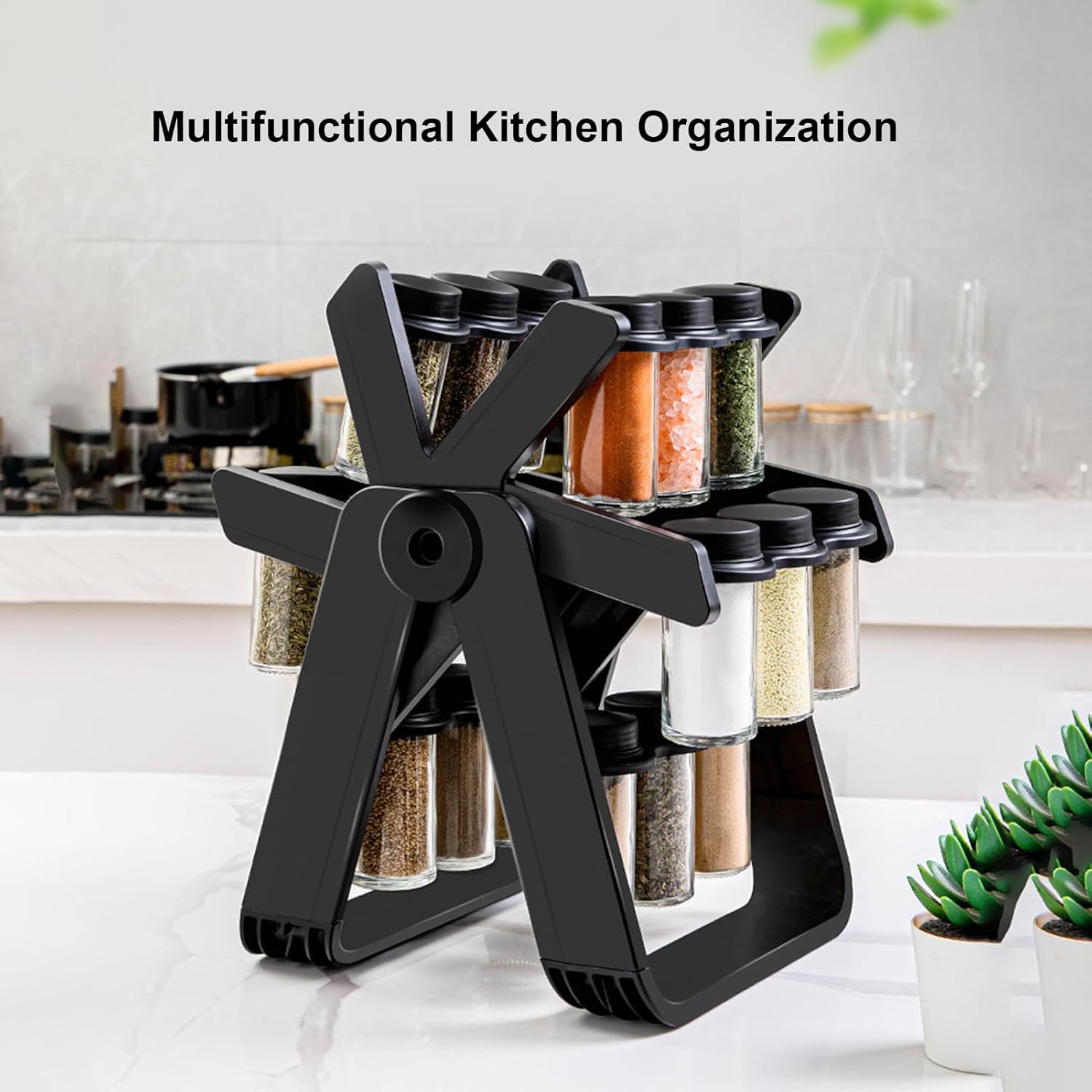 Rotating Condiment Rack Organizer, 18 Jar Glass Condiment Carousel Revolving Rack with Labels and Collapsible Funnel for Kitchen Countertop