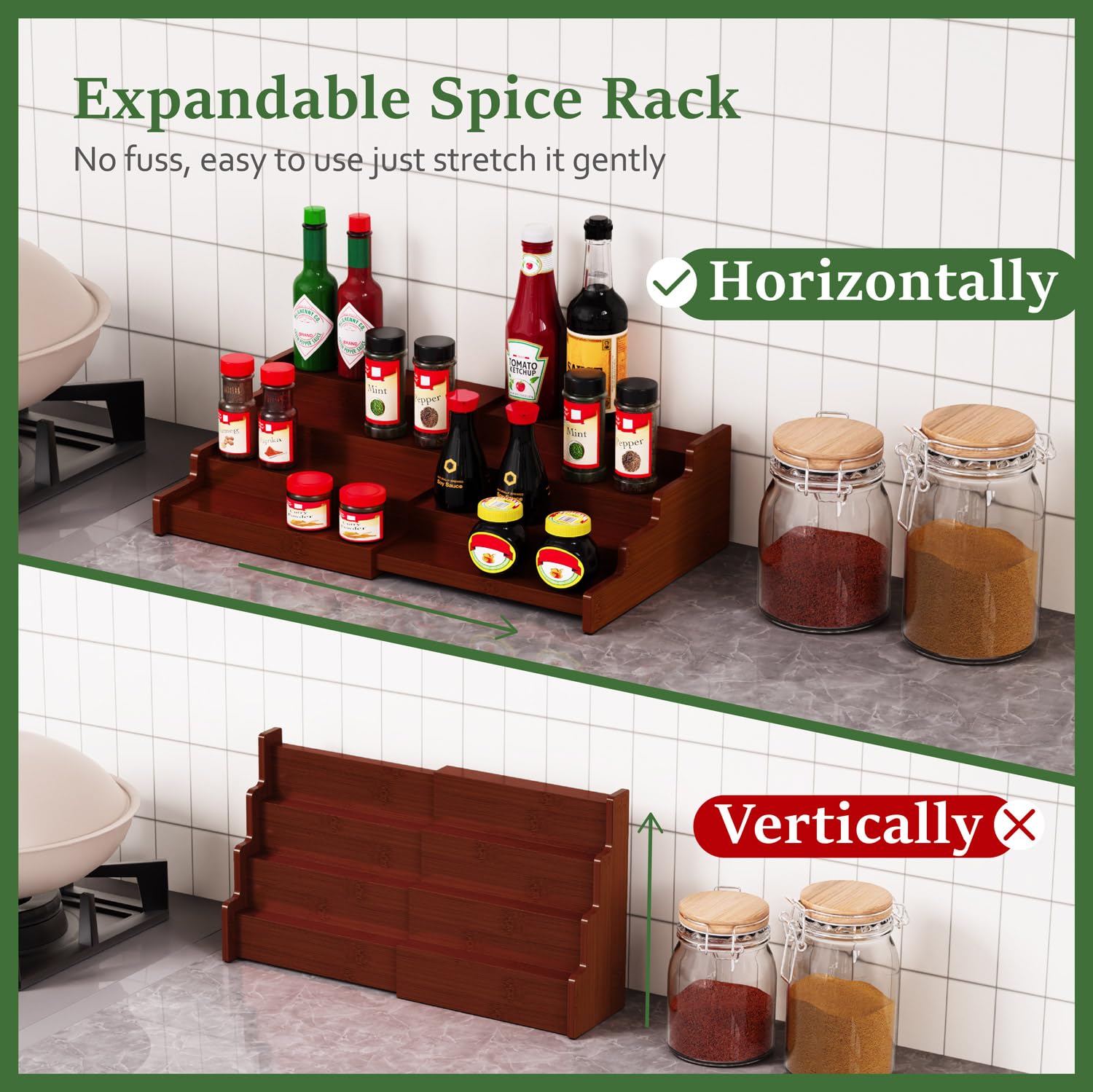 Lot de 2 étagères à épices extensibles à 4 niveaux en bambou pour armoire de cuisine, garde-manger et plan de travail, marron