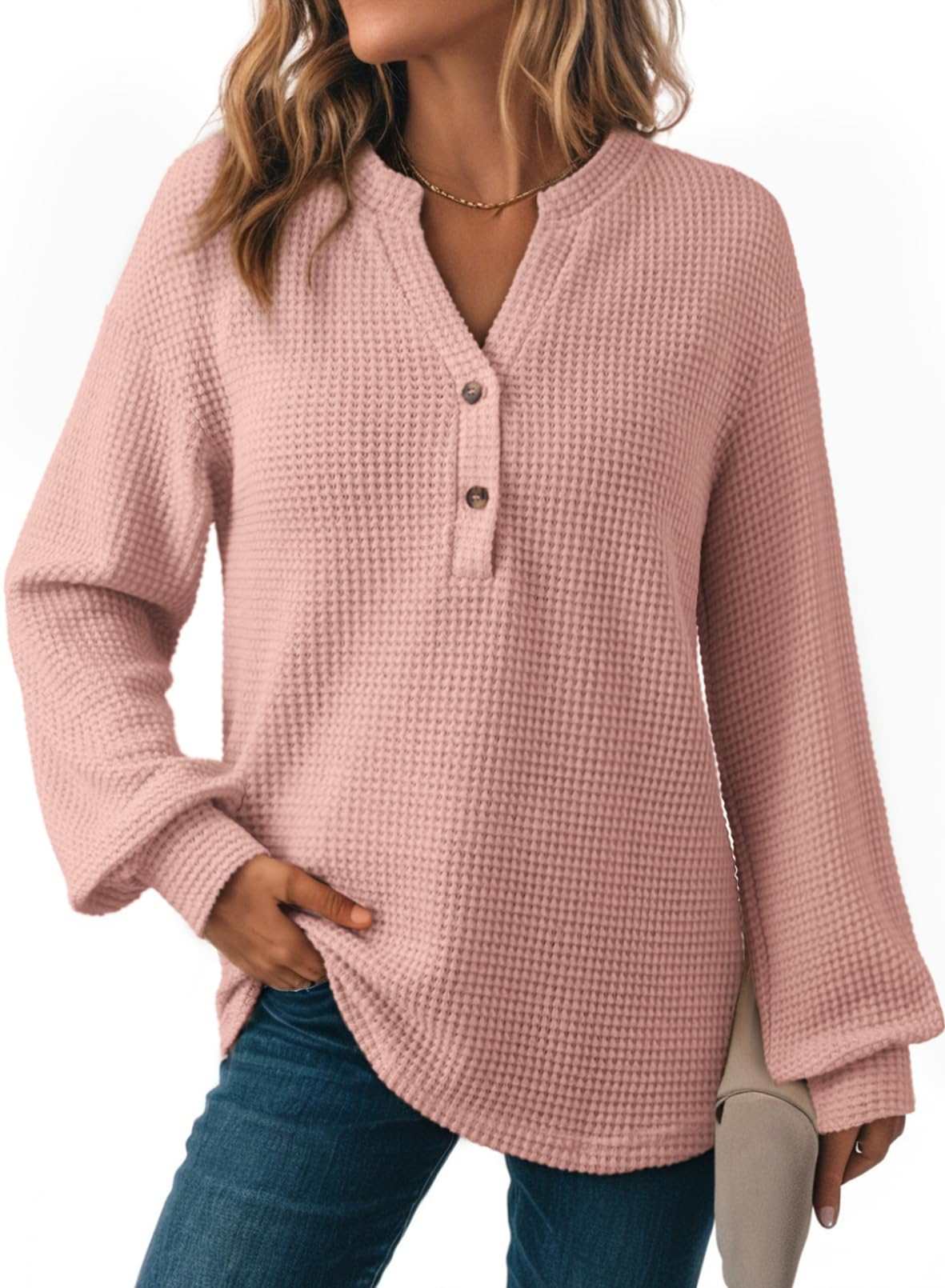 Dokotoo Bluse Damen Langarm Waffel V-Ausschnitt Oberteile Herbst Pullover Sweatshirt Langarmshirt Tops Lässig Blusen Tuniken Einfarbig T-Shirts Oberteil S-XXL