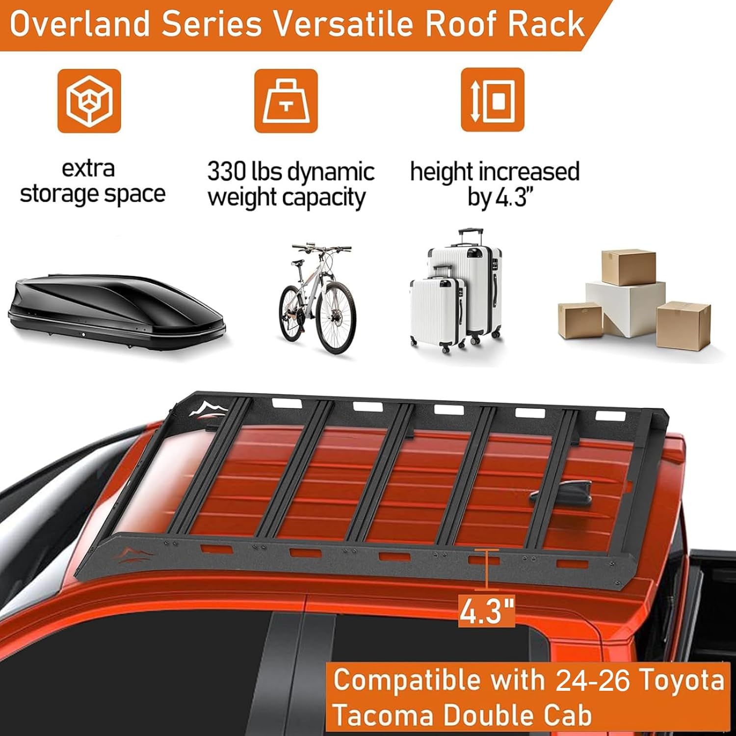 Hooke Road 4th Gen Tacoma Roof Rack Aluminum Cross Bars for 2024 2025 2026 Toyota Tacoma Double Cab, Overland Rooftop Cargo Carrier Basket