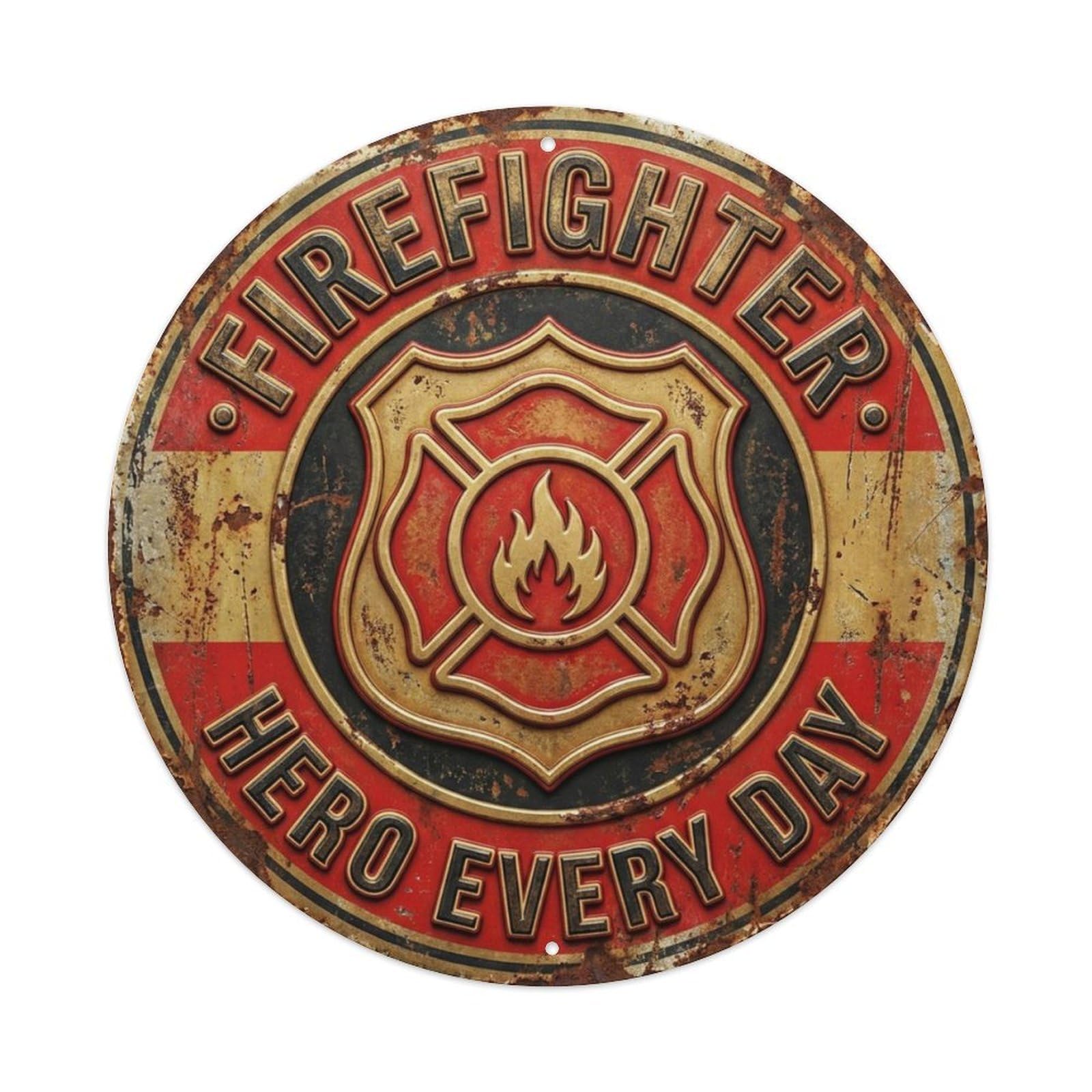 Firefighter Hero Everyday Classic Garage Ornament Retro Slogans Vintage Metal Tin Sign Plaque Wall Decor for Cafe, Club, Garden Round Metal Poster 8x8Inch