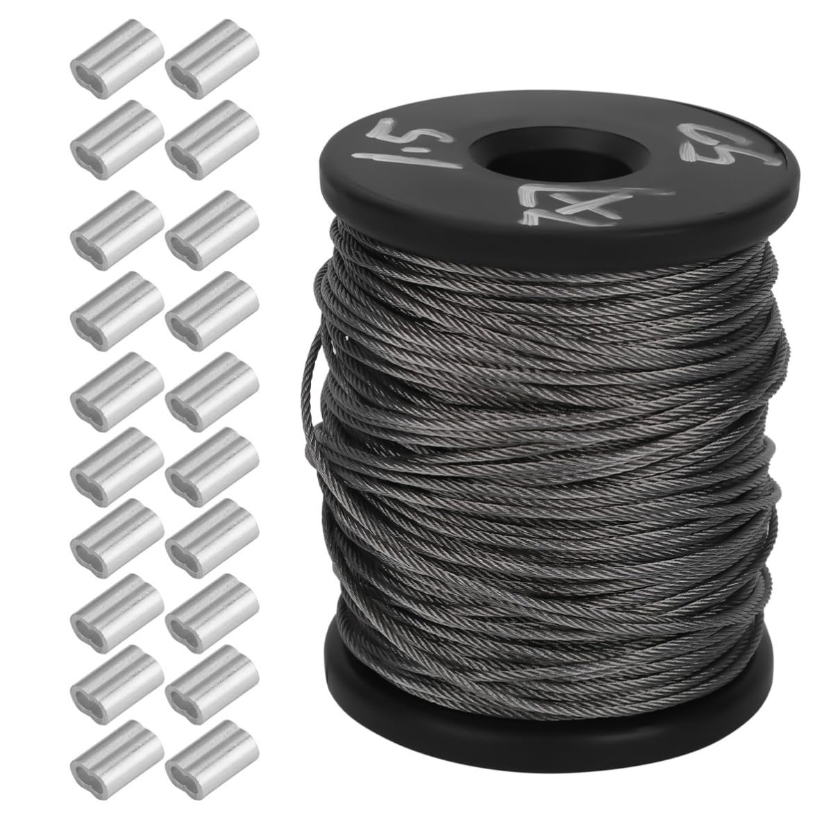 Angoily Stainless Steel Wire Spool Rust Resistant Steel Cable with Aluminum Crimping Loop Sleeve 20 Pcs M 1.5mm for Picture Frame Hanging and Clothes Line Use for Light Industry
