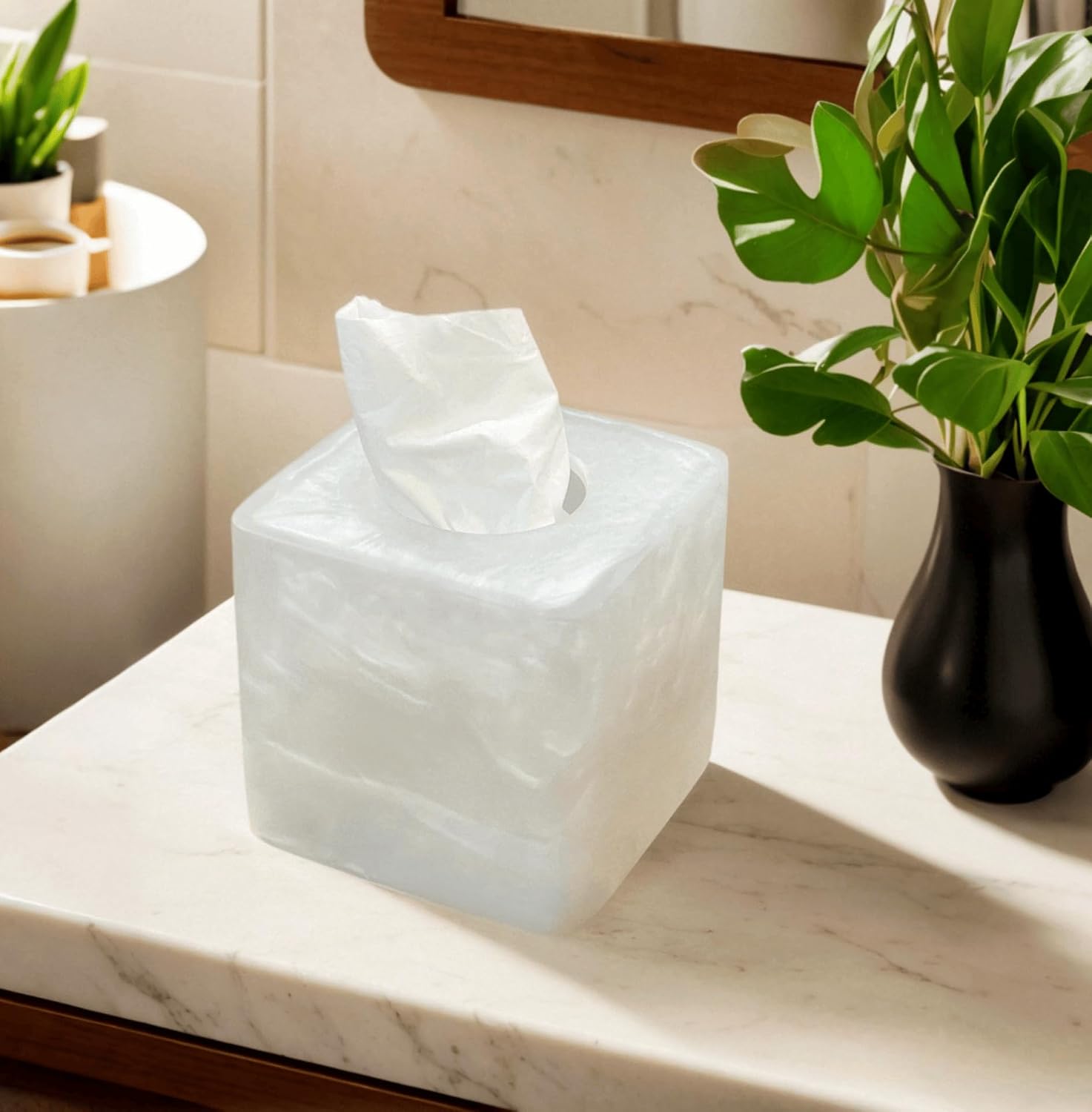 Elegant Smooth Shell Swirl Finish Square Resin Facial Tissue Box Cover Holder.Handcrafted Cube Tissue Box Covers with Open Bottom for Bathroom Livingroom Kitchen Office Modern Home Decor Gifts
