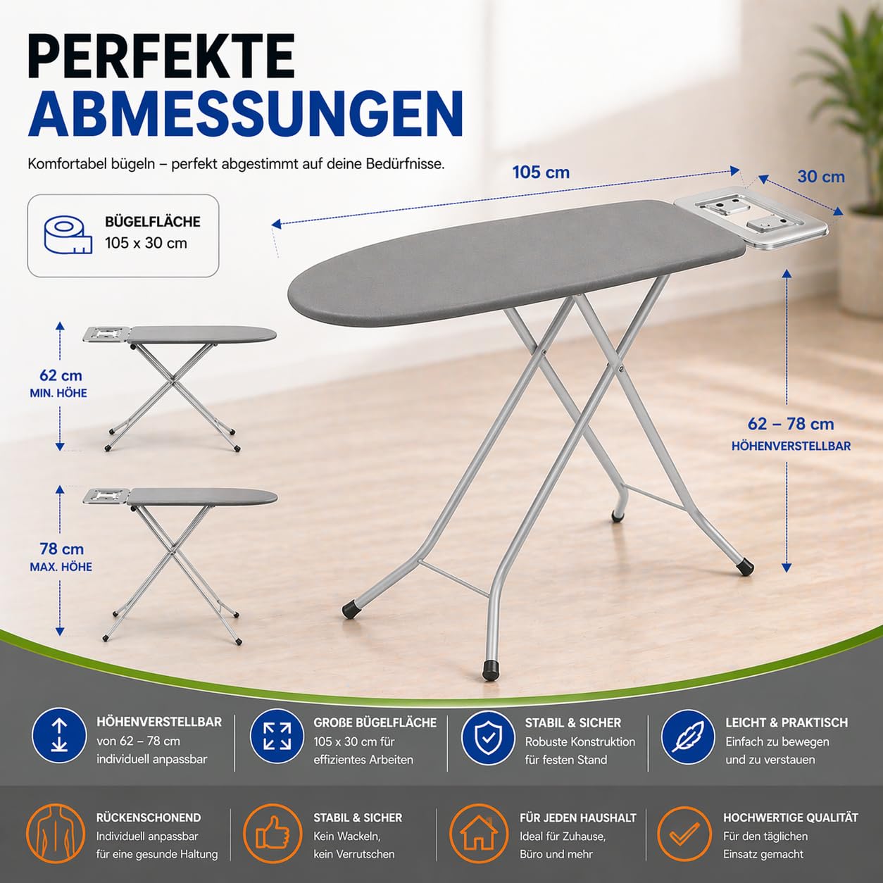 VELORA ® Bügelbrett [105x30 Bügelfäche] mit rutschfesten Füßen – robuster Bügeltisch – extra stabiles Bügelbrett [Made IN EU] höhenverstellbar (grau)