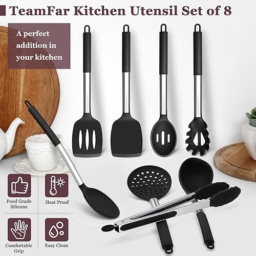 Miniatura 7 de TeamFar Juego de 8 utensilios de cocina, utensilios de cocina de silicona, con mango de acero inoxidable, para freír, servir, voltear y escurrir, no