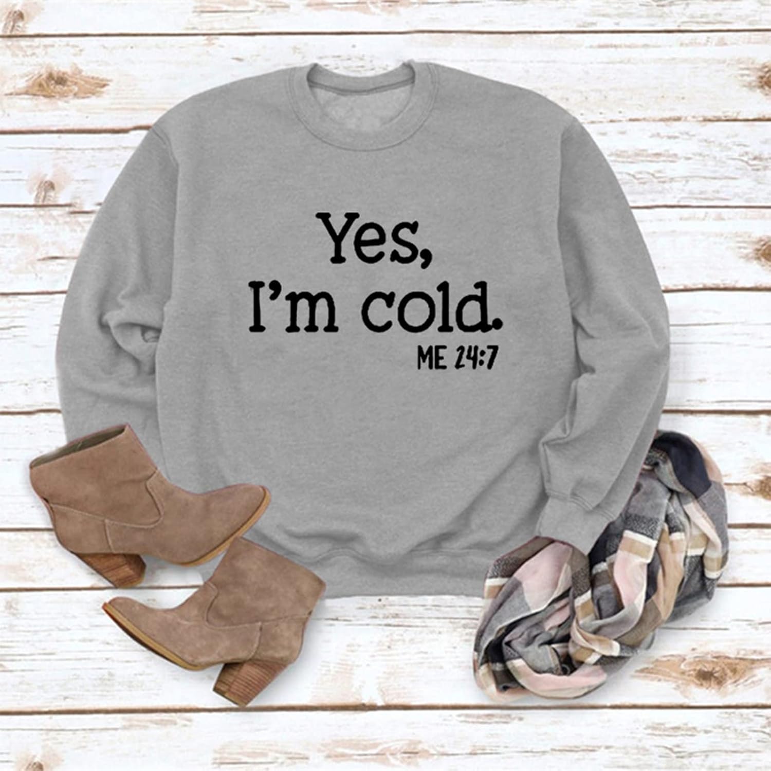 Womens I'm Yes Cold Me 24:7 Printed Funny Sweatshirt Long Sleeve Crewneck Letters Casual Loose Pullover Top - Image 2