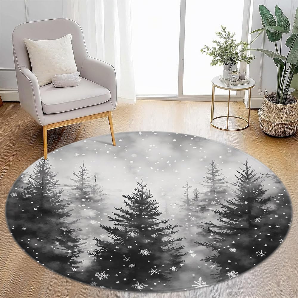 Round Area Rug 3.3Ft Winter Forest Snowy Pink Christmas Tree Pine Spruce Trees Mist Fir Farmhouse Xmas Snowflakes Nature Landscape Rustic Circular Mat Floor Carpet for Living Dining Room Bedroom