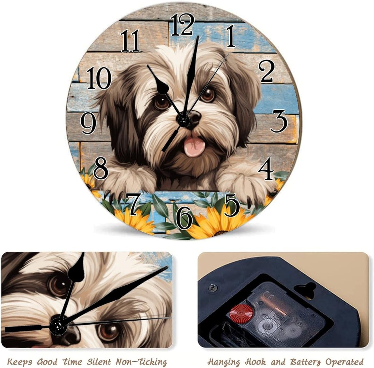Clocks Lhasa Apso Wooden Clock Lhasa Apso Cute Funny Peeking Dog Puppy Clocks for Wall Non-Ticking Battery Operated Round Clock Puppy Dog Animal Clocks for Living Room 12x12in