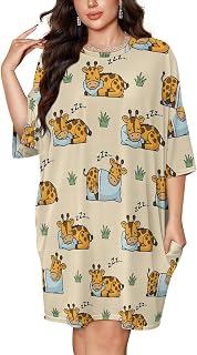 Women's Oversized Sleep Shirt Dress Sleeping Giraffe Pattern Print Soft Short Sleeve Nightgown with Pockets, Plus Size Loungewear for Home & Resort (S-4XL)