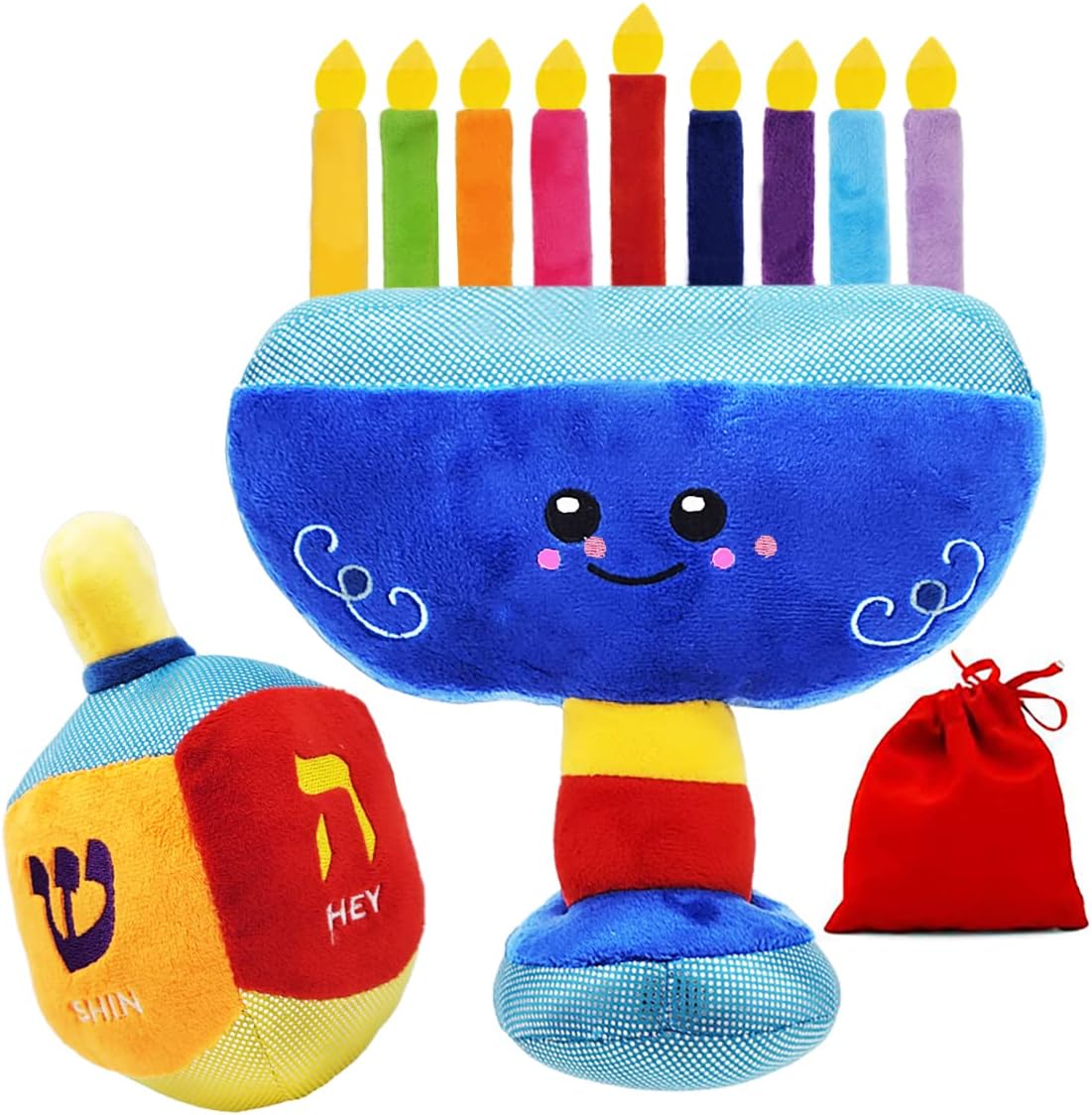 Plush Hanukkah Menorah & Plush Dreidel Toy Musical Menorah Plays 2 Classic Hanukkah Melodies Includes Removable Chanukah Candles & Candle Bag with Rattle Dreidel