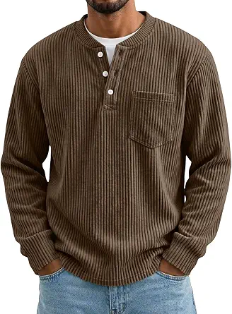 Men's Corduroy Henley Long Sleeve Pullover Shirt