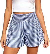 Gingham Check Womens Shorts High Waisted Running Shorts - Smocked Elastic Waist Beach Pant Pockets for Summer Casual Outings Beach Holidays Daily Commute S-3XL