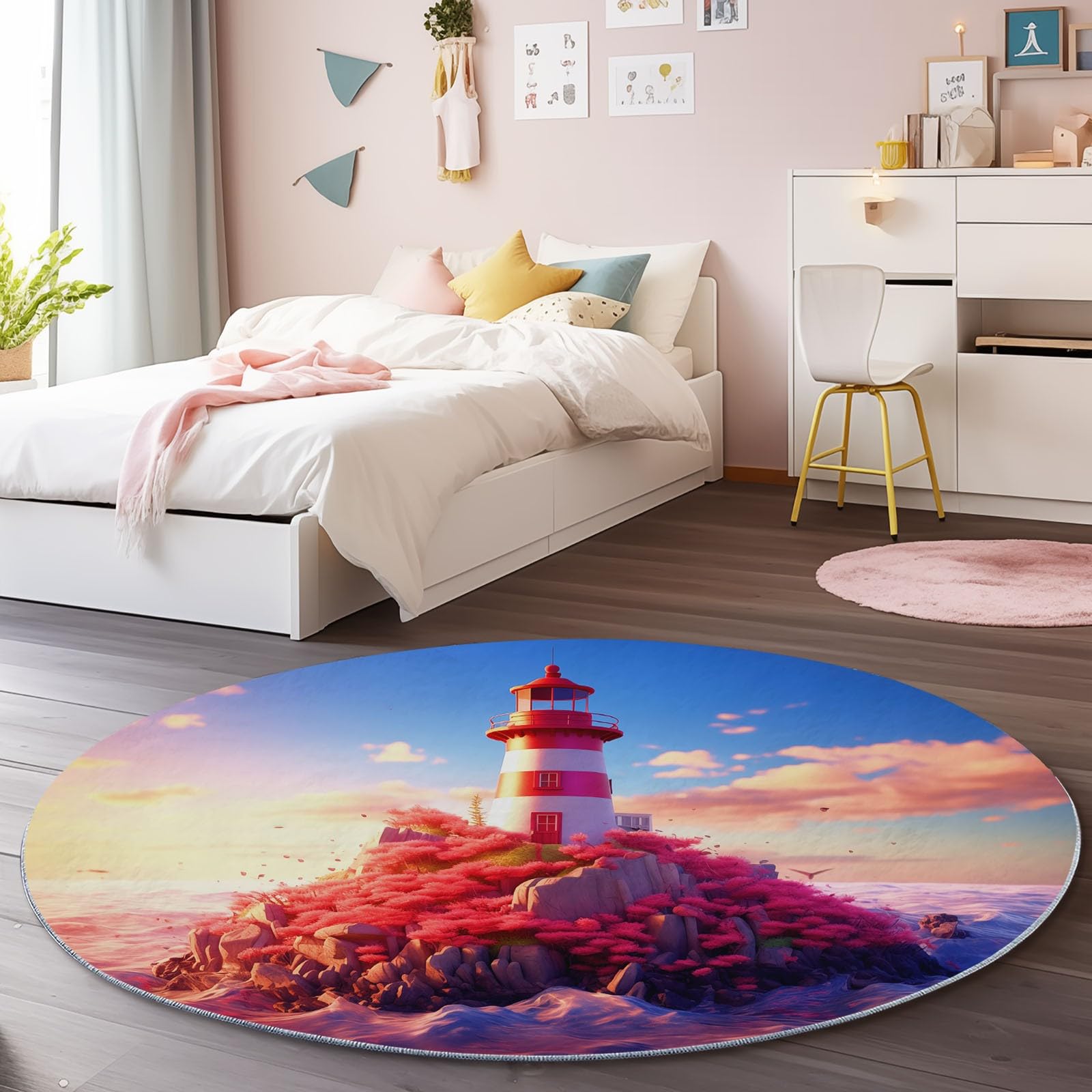 Miękki okrągły dywan Dream Rocks Island Ocean Theme, różowy niebieski zmywalny antypoślizgowy 160 cm okrągły dywan nie blaknie łatwo - do kuchni salonu sypialni jadalni przedpokoju