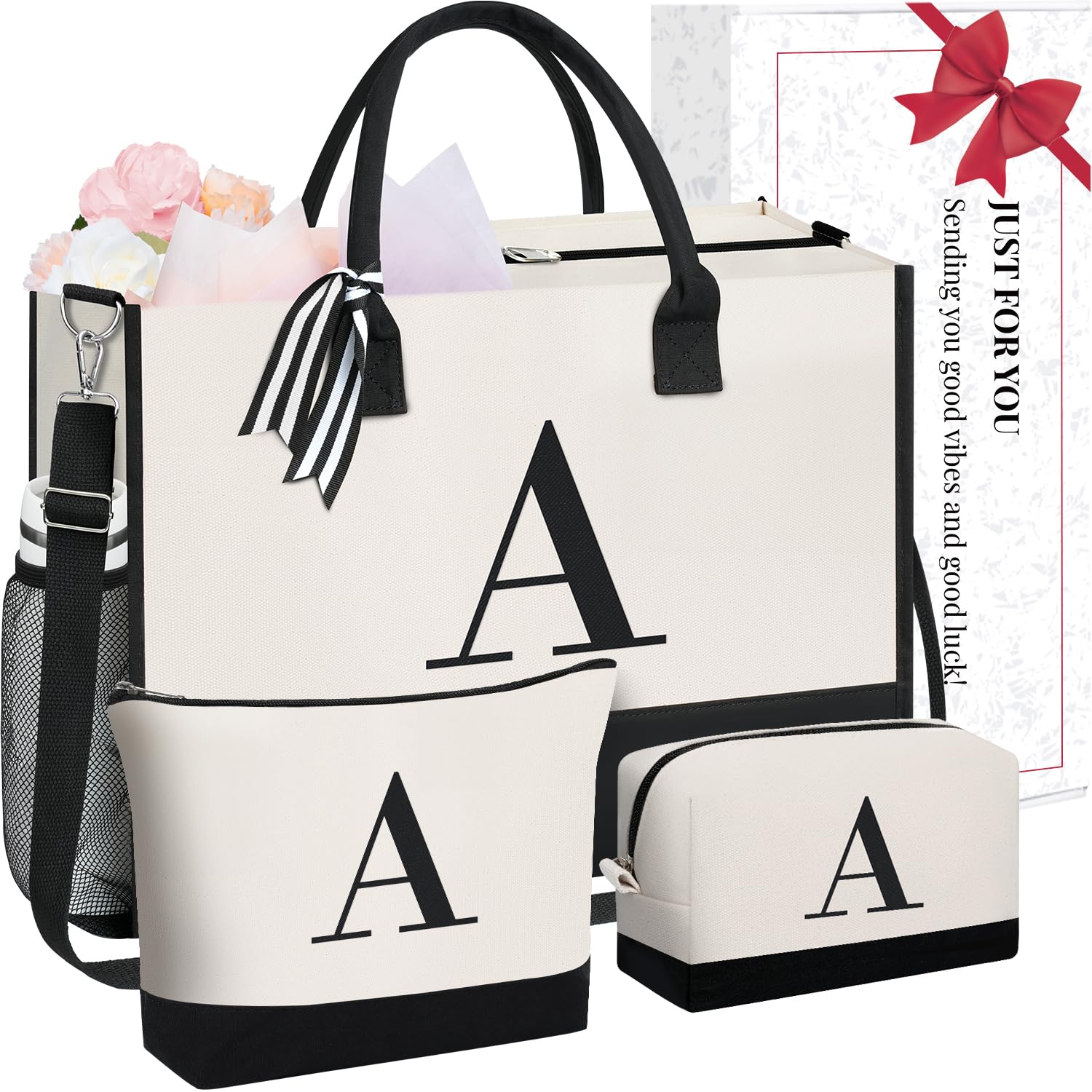 BAGAIL Initial Tote Bag, Personalized Birthday Gifts for Women, Teacher, Friends, Mom, Wedding, Monogrammed Beach Bag(Ivory-3pcs, A)