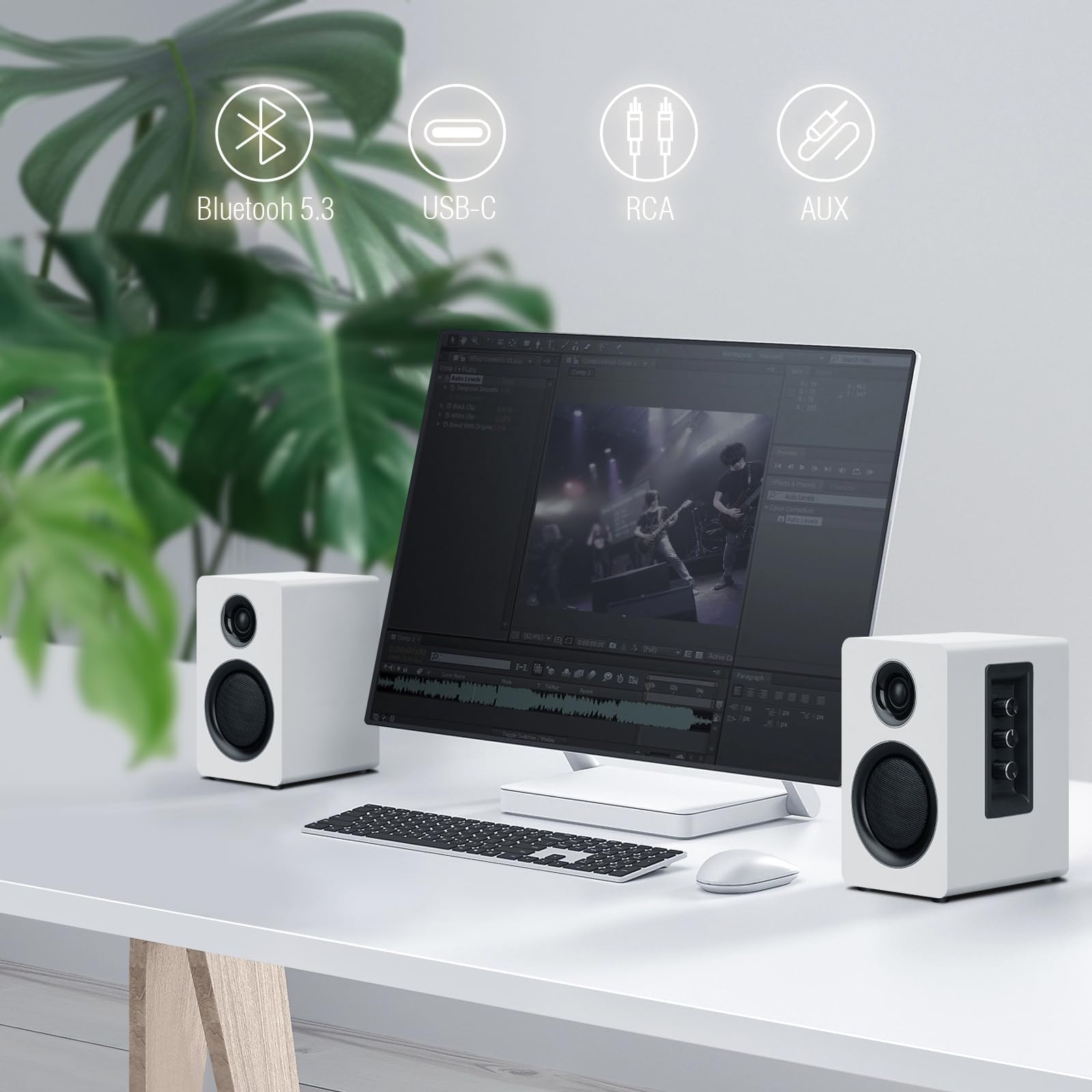 Altoparlanti per computer da scrivania, altoparlante attivo da scaffale con woofer in fibra di carbonio da 3 pollici e tweeter in pellicola di seta, supporta Bluetooth 5.3, USB-C, ingresso AUX/RCA per