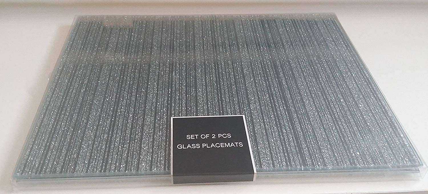 Biznest Silver Sparkle Mirrored Glass Glitter Placemats Set Of 2