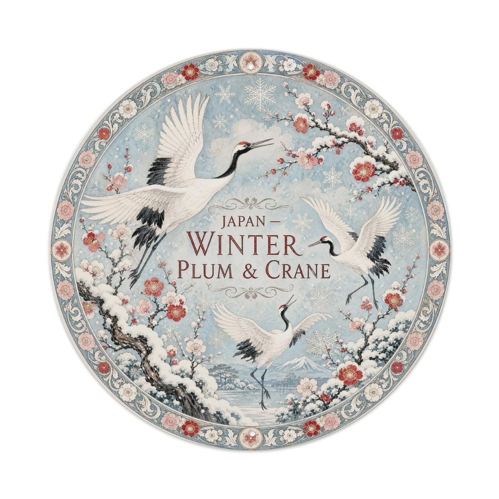 Olyhtr 8X8inch Classic Style Taisho Japan Plum Crane Snow Ceramic Folk Pattern Metal Tin Sign
