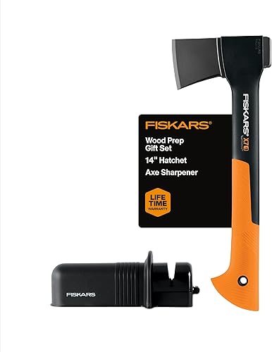 Fiskars Set de preparación de madera X7 Hacha y afilador de cuchillas para hachas y cuchillos herramientas esenciales para leña, campamento y