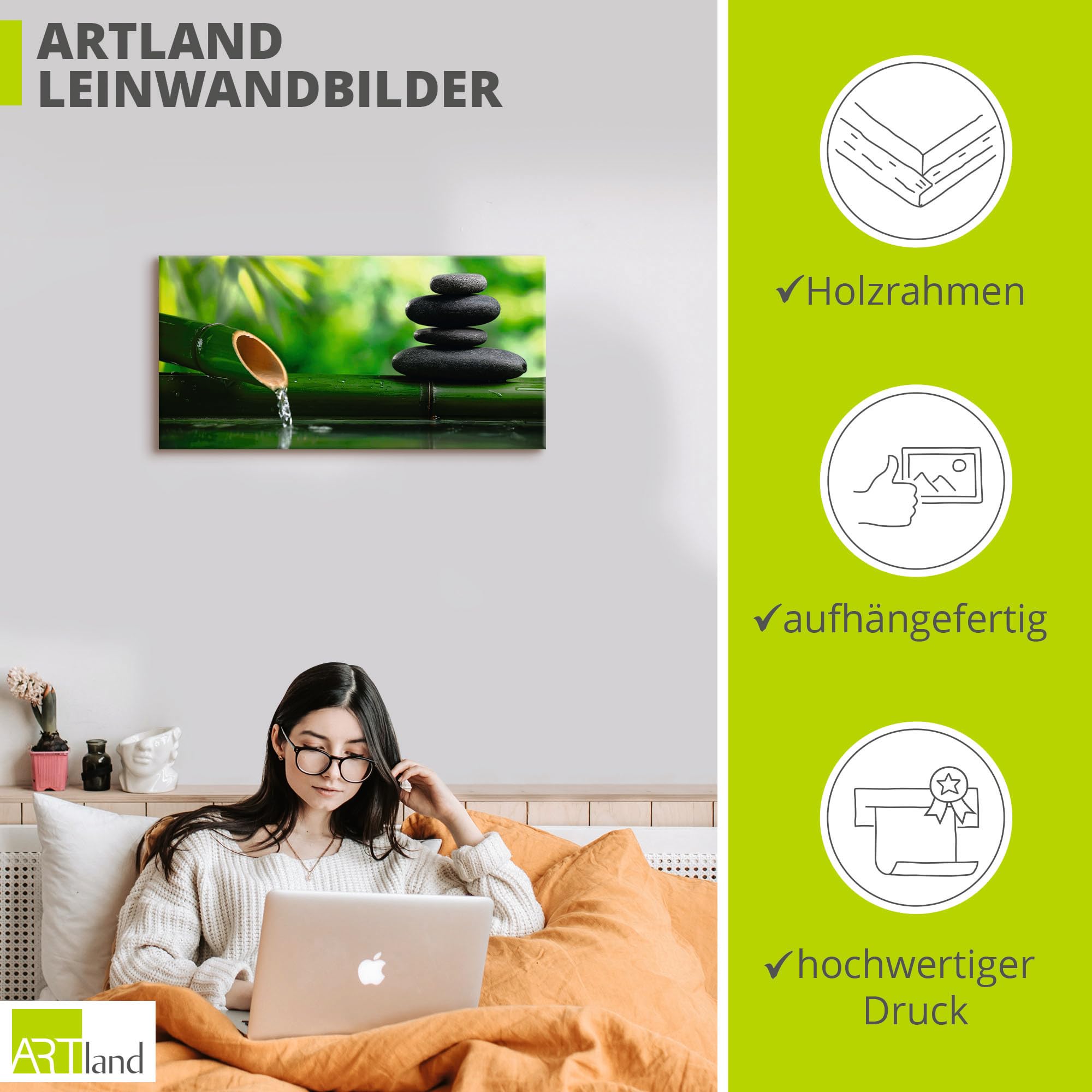 ARTLAND Wanddeko Leinwand Bilder Wandbild 100x50 cm Wellness Zen Stein Fotografie Grün Bambusbrunnen und Zen-Stein S5YF